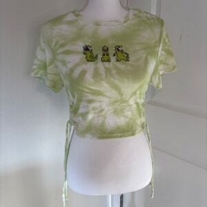 Nickelodeon Rugrats Reptar Tie Dye Ruched Side Crop Top Green White Mens Medium